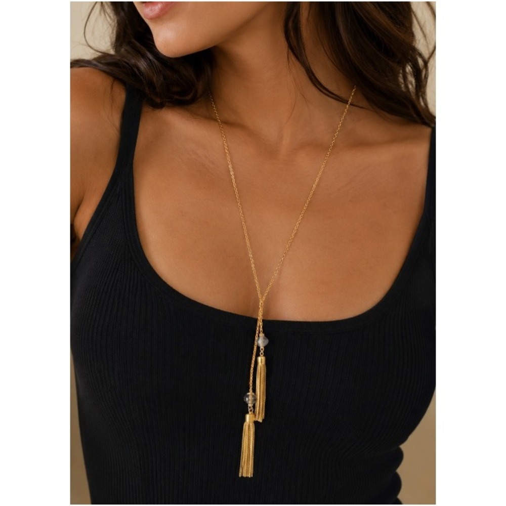 We Dream in Colour Gold Tone Lariat Necklace with Glass Beads & Double Tassels